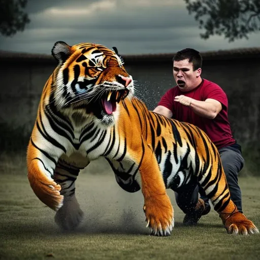 Prompt: a guy with down syndrom fighting a tiger