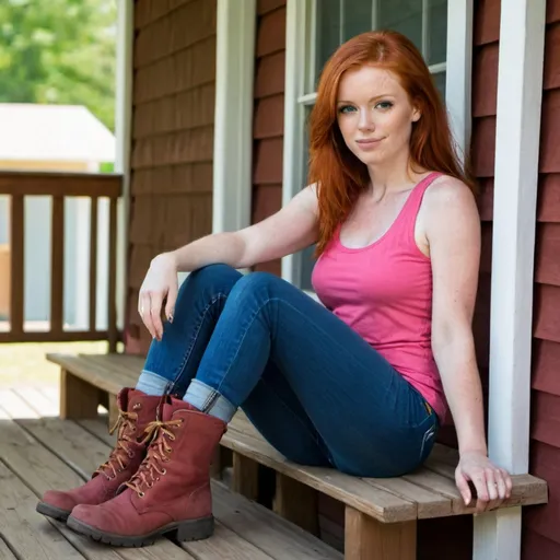 Prompt: A very beautiful red head women sitting. She is wearing a pink tank top and blue jeans and boots. she is sitting on a wooden porch.