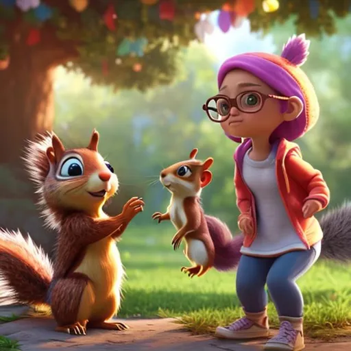 Prompt: Two characters from different worlds, such as a human child Mia and a talking squirrel, and a squirrel wearing glasses and meet and form an unexpected friendship while helping each other through challenges. 