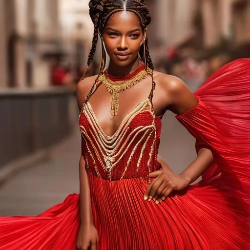 Prompt: Beautiful brown skin woman with braided hair with gold beading wearing a red flared pleated dress and low heels 