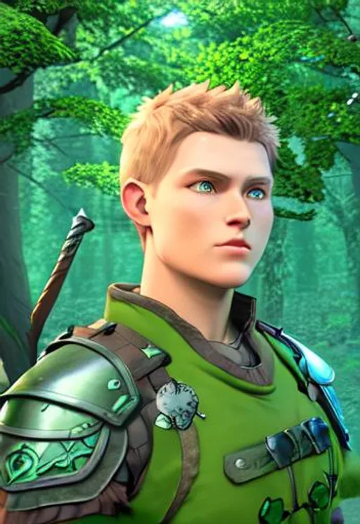 Prompt: Digital art, a 21-year-old viking man with brown hair, viking forest, green gear, silver armor, light green eyes, Tidal Class seal on chest armor, unreal engine 8k octane, 3d lighting.