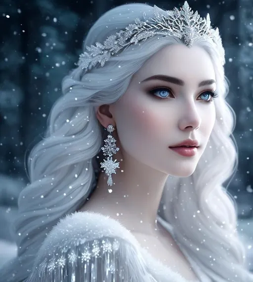 Prompt: Portrait of a beautiful female Spirit of Snow and Winter with white hair wearing earrings and a tiara made of ice and snowflakes, fantasy, intricate, elegant, highly detailed, digital painting, trending on artstation, concept art, smooth, sharp focus, unreal engine, 4k, 8k