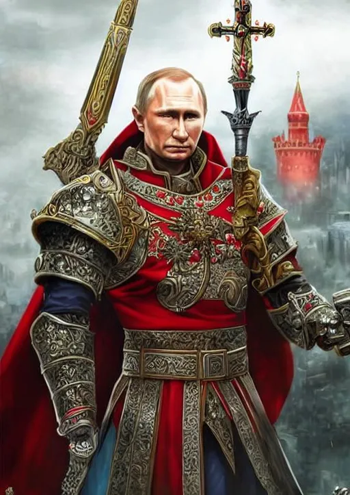 Prompt: fantasy detailed illustration Vladimir Putin, Russian, regal, royal, armor, god warrior, occidental, holy, majestic, prestige, red, white, blue, sky, angelic halo