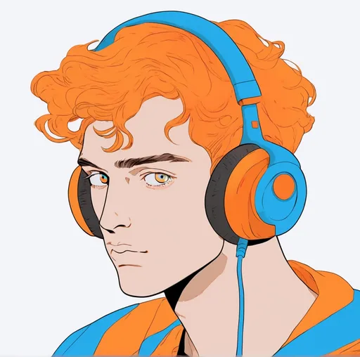 Prompt: Cel-shaded. Young man wearing headphones. His hair is bright orange and his eyes are bright blue