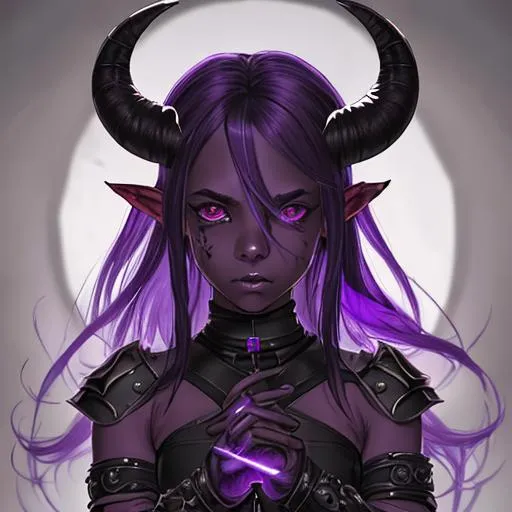 Prompt: Portrait of an adolescent, scared, innocent, beautiful tiefling girl with very dark ash skin, small curled ram horns, wearing tattered leather armor wielding light purple psionic blades on her hand