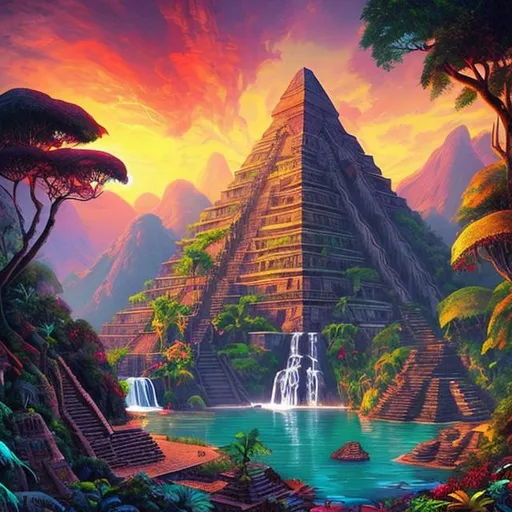 Prompt: A single hidden Aztec pyramid in a tropical mountain valley, river with a waterfall, a red sunset, giant trees, + dreamy natural colors, painting by michealangelo, dreamy colors, intricate details + diffused light + fantasy painting + surrealistic + ultra realistic + unreal engine