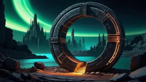 Prompt: magical portal between cities realms worlds kingdoms, circular portal, ring standing on edge, upright ring, freestanding ring, hieroglyphs on ring, complete ring, ruins, ancient roman architecture, atlantis city plaza setting, aurora borealis, panoramic view, dark night, futuristic cyberpunk tech-noir setting