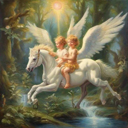 Prompt: a cherub riding a Pegasus through an enchanted forest. Forest animals. A stream sun shining.surounded by angelic energy. Oil painting on canvas.