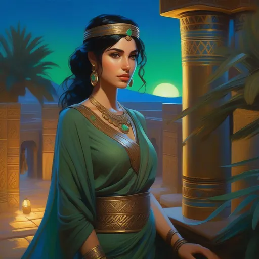 Prompt: Third person, gameplay, ancient Babylonian girl, pale olive skin, black hair, green eyes, blue atmosphere, Babylon at night, cartoony style, extremely detailed painting by Greg Rutkowski and by Henry Justice Ford and by Steve Henderson 