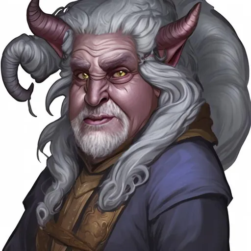 Prompt: dnd 5e tiefling, old, fat, grey frizzy hair