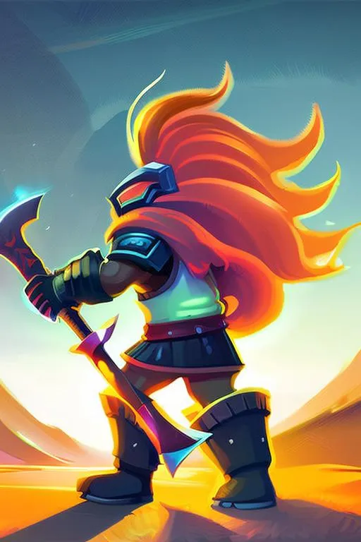 Prompt: a close up of a warrior holding an axe character, epic fantasy digital art style, by Lois van Baarle, detailed full body concept, adorable glowing creature, fantasy art behance, hyper bullish, painted with a thick brush, fluffy'', experiment, by Mario Dubsky, cute, fierce looking