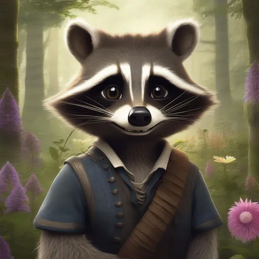 Prompt: anthropomorphic, raccoon, realistic, human proportions, forest, botanist, flowers, fluffy tail, toothy grin, medieval, high definition, professional