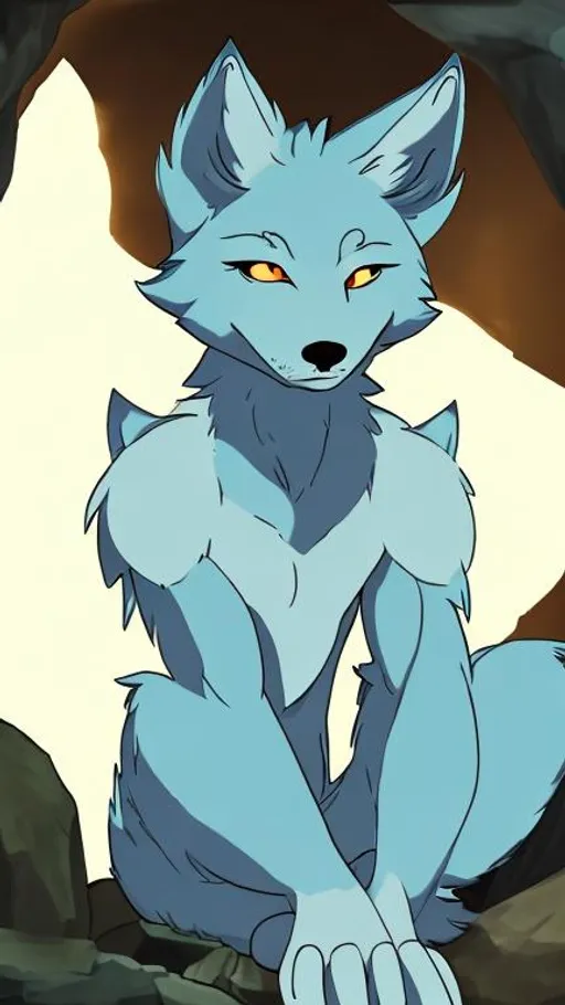 Prompt: A light blue, purle, anthro wolf boy is sitting in a cave