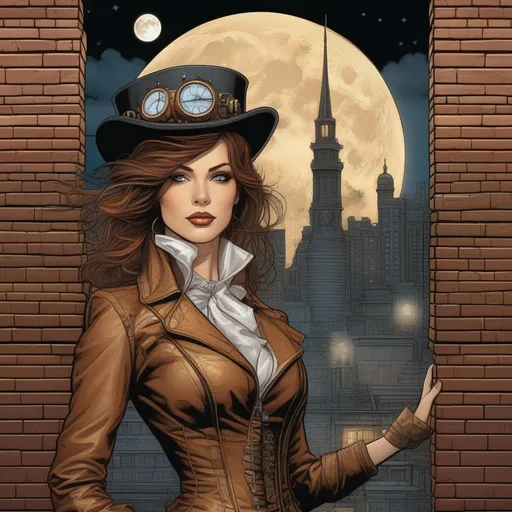 Prompt: comic book style, a female steampunk artist, brick wall as background, Full-body portrait, detailed beautiful eyes, epic full moon in background, urban city, windy with clouds, 8k, dim lighting, by Barry Windsor-Smith