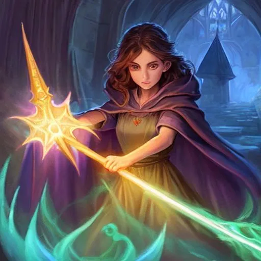Prompt: Very detailed realistic painting.
very short fantasy healer gnome female. Beautiful fierce face, pointy. ears
Beautiful brown eyes, brown hair. flowing long intricate pastel priest robe and cape
Full body illustration
Radiant Single Magical Staff 
detailed  and mysterious background building