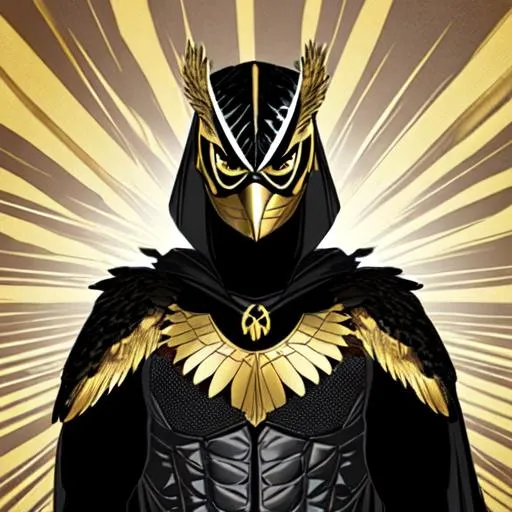 Prompt: eagle-mask nighthawk-mask falcon-mask inspired adult male superhero black and gold costume with gold and black feather-winged cape