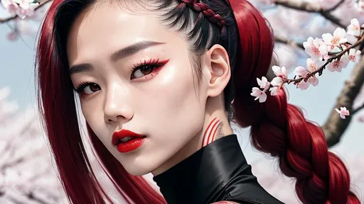 Prompt: Hyperrealistic portrait of a stunning Korean kpop idol with a white braided ponytail, full sleeve tattoo, and red lips, wearing a tight all-black sleeveless body suit amidst a breathtaking cherry blossom landscape. Canon R5, 200mm lens, sharp focus, and shot in RAW format. The photograph showcases an intricate, photorealistic, and highly detailed face in 8k HD quality. ((8k, RAW photo, highest quality, masterpiece), High detail RAW color photo professional photo, (realistic, photorealism:1. 5), (highest quality), (best shadow), (best illustration), ultra high resolution, highly detailed CG unified 8K wallpapers, physics-based rendering, cinematic lighting, photorealistic, photo, masterpiece, realistic, realism, photorealism, high contrast, photorealistic digital art trending on Artstation 8k HD high definition detailed realistic, detailed, skin texture, hyper detailed, realistic skin texture, armature, best quality, ultra high res, (photorealistic:1. 4), high resolution, detailed, raw photo, sharp, d850 film stock photograph 4 kodak portra 400 camera f1. 6 lens rich colors hyper realistic lifelike texture dramatic lighting unreal engine trending on artstation cinestill 800)