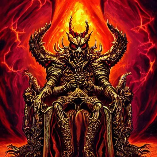 Prompt: king throne demon portrait symmetry hell landscape oil painting Dan Mumford very detailed 4k glossy