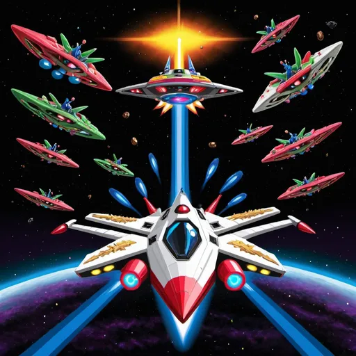 Galaga ship fighting the aliens