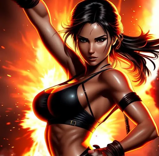 Prompt: beautiful lara croft shadow of the tomb rider, uncensored, explicit, ilustrated, comic poster, action pose, explosion behind, very detailed