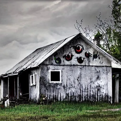 Prompt: rural house with menacing scary eyes painted on the walls
