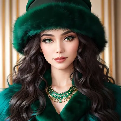 Prompt: Lady all in green, Long  very curly hair, wearing emerald jewelry, face front, blue fashion, fur hat and coat, pretty makeup, facial closeup