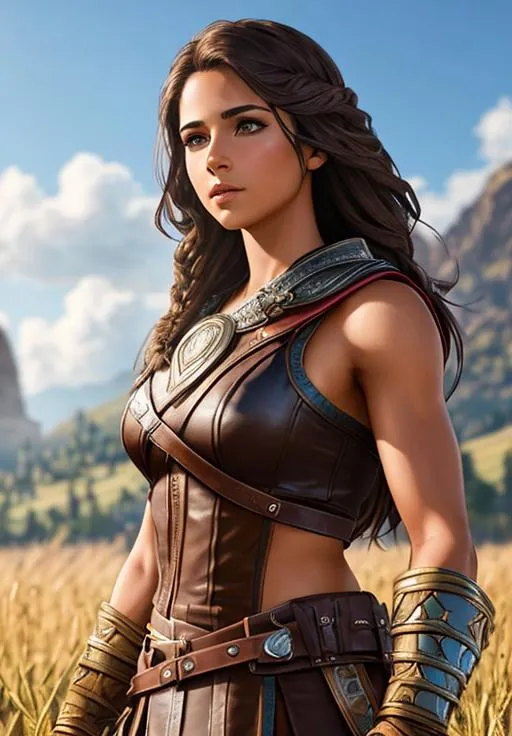 Prompt: an attractive Naomi Scott from Assassin's Creed Odyssey  toned warrior dressed in well oiled leather standing in a field with ultra realistic Brown hair and Ultra realistic eyes, realistic tan complexion , beautiful body, muscular body, fantasy character portrait, ultra realistic, concept art, intricate details, studio lighting, symmetrical, ideal human, ultra details, super detailed, 64k, detailed body, full body, looking into the camera smooth, sharp, focus; illustration, golden ratio.
