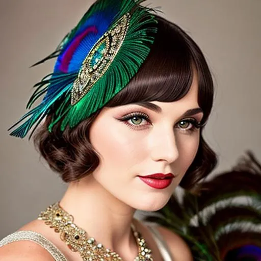 Prompt: Great Gatsby 1920s Flapper wearing a Peacock feather headpiece 