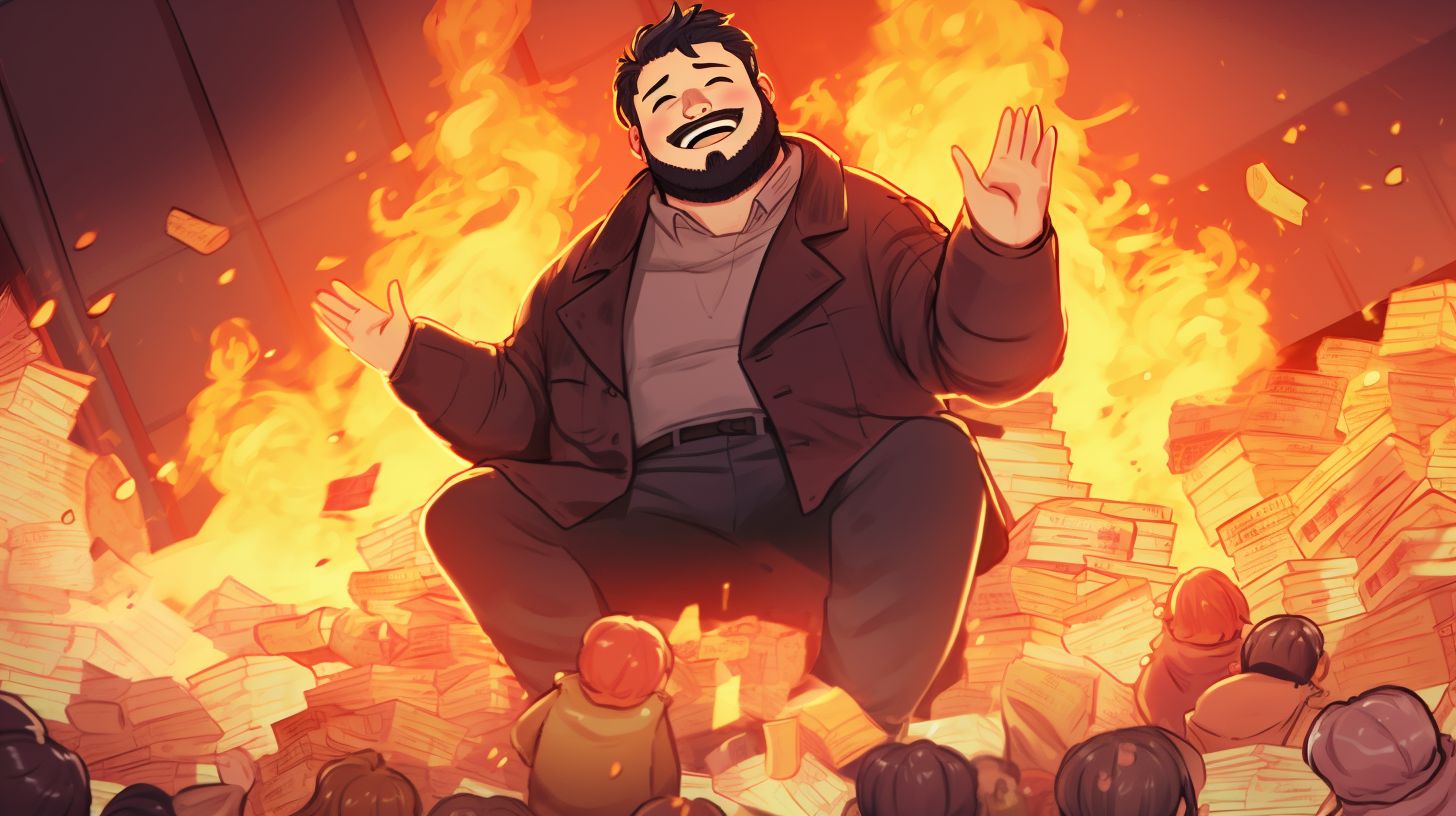 Prompt: an oversized fat man with short black hair and a short black beard, sitting ontop of a pile of money on a platform that is being held up by families and children under it, the world behind him is on fire, everything is sad and gloomy except the large man - he is VERY happy --c 20 --upbeta --ar 16:9