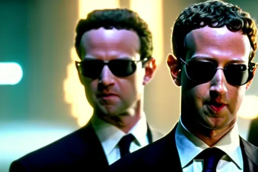 Prompt: 4k photo realistic cinematic still of ((Mark Zuckerberg)) as Agent Smith in the movie The Matrix (1999), suit, sunglasses, centered in frame, facing camera, symmetrical face, ideal human, ultra details, natural light, light background, film, Studio lighting