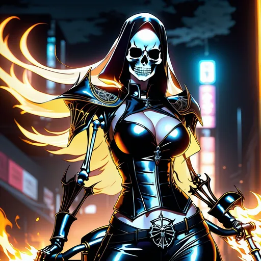 Prompt: Highly detailed 4k UHD anime illustration of a female ghost rider Nun, skeleton form perfect autonomy body shape, muscular slim body tone, defined abs, anime, horror, skeletal features, intense eyes, dark atmosphere, hauntingly beautiful, atmospheric lighting, eerie glow, highres, detailed skeletal structure, spectral aura, professional