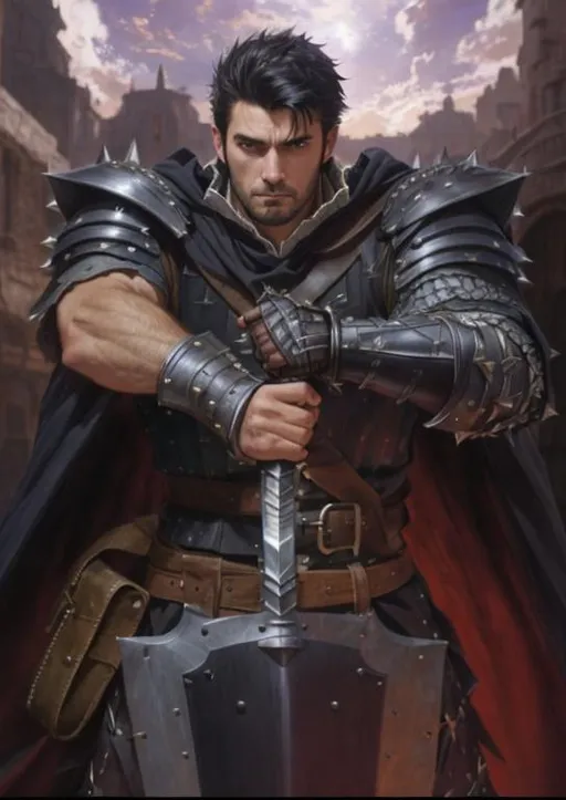 Prompt: Ultra realistic of a European man, black spiky hair, brown eyes, wears a black cloak on back, wears a medieval armor, wears a paved medieval greaves and he wields a biggest two-handed greatsword. He has a brown bags on the brown belt. Full shot, Atmospheric lighting, By Makoto Shinkai, Stanley Artgerm Lau, WLOP, Rossdraws, James Jean, Andrei Riabovitchev, Marc Simonetti, krenz cushart, Sakimichan, D&D trending on ArtStation, digital