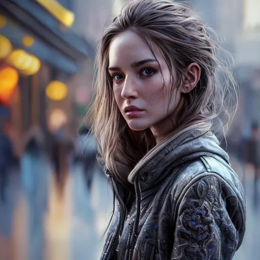 Prompt: highly detailed woman walk in town, highly detailed face, 64K, UHD, HDR, hyper realistic, 24mm, ring lighting, nikon z fx device, woman wearing modern clothes, long shot type, city lights context, highly detailed clothes, highly detailed face, highly detailed eyes, long hair, high resolution scan, absolutely real, 3D illustration, unreal engine.