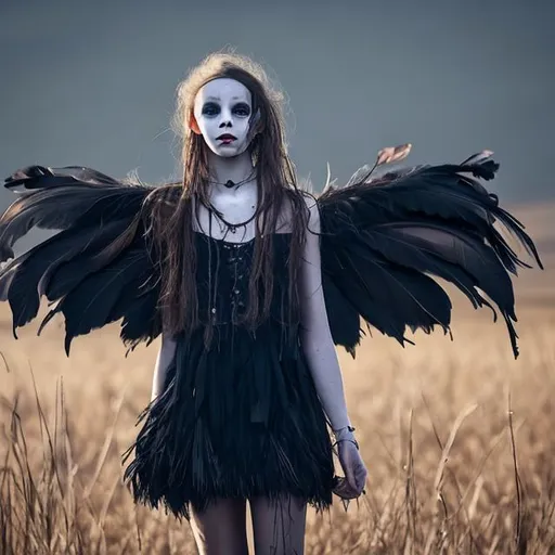 Prompt: ::Young Woman:  ::black feathers instead of hair:: ::Short hairdo::  ::Black feather dress:: ::Short skirt:: ::pale white skin:: ::slender bare legs and arms:: ::creepy birds eyes:: ::terrifying:: ::Bleak landscape:: ::Scarecrow in background:: ::smiling::  ::crows in the sky::