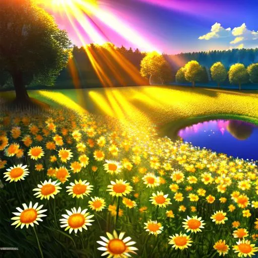 Prompt: Sun rays shining down over a field of multicolored flowers around a Lake, Vivid Colors, hyperdetailed, photorealistic, Beautiful Details, intricate Details, Colorful, Film Quality, 3D, 64K resolution, Dynamic Lighting, Sun Spot, Detailed Flower Peddles. daisies in the forefront