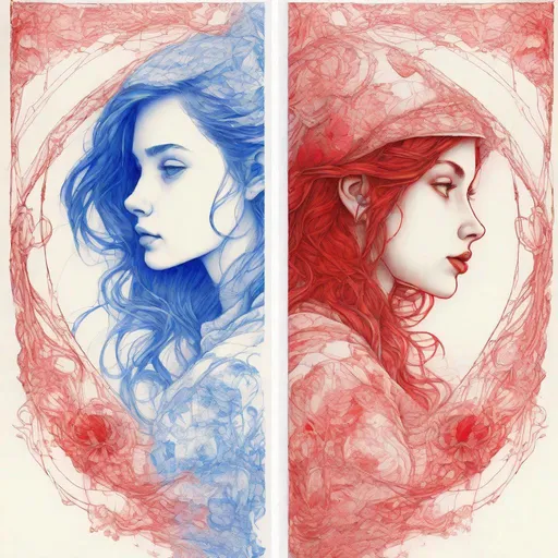 Prompt: an image consisting  of  2 panels merged in the middle  , [ in the first panel a girl  in blue : in the second panel  a girl  in red: 0.50 ] , beautiful , ink Ballpoint Pen, delicate lines, insanely detailed,  16k,  UHQ