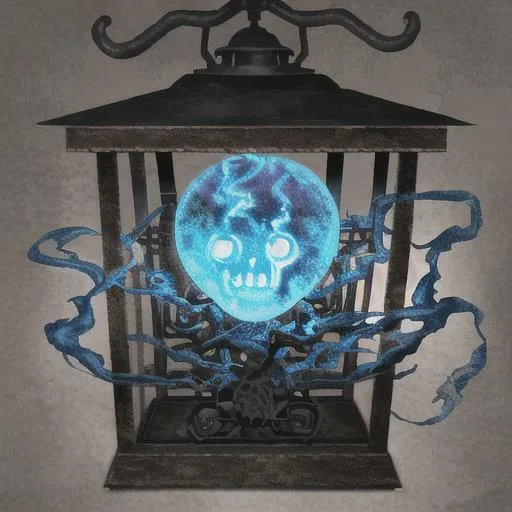 Prompt: Supernatural lantern, rusted, blue flames, ghostly face, brain like, wispy smoke, ghostly, eerie 