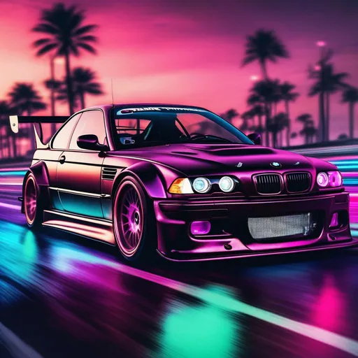Prompt: 2001 BMW M3 E46 GTR, synthwave, aesthetic cyberpunk, miami, highway, dusk, neon lights, coastal highway, dusk, neon lights, coastal highway, sunset, drift, nurburgring, water on the road, blade runner, 64k, watercolor, macro sharp focus, 8, hyper realistic, cinematic, highly detailed, photoraelistic, clean