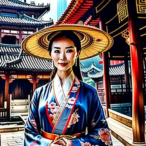 Prompt: An Asian woman wearing an ascot with a traditional robe, Hanfu, the person is wearing a mix of a business suit and East Asian attire, the person is wearing a fancy sun hat, the person is surrounded by domed buildings with Chinese roofs, landscape, realistic, photograph
