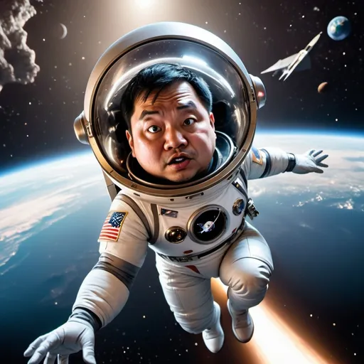 Prompt: You
Photo realistic style Looney tunes a little person fat short Asian man in space suit very scared floating out in space over the earth tethered to a damaged space shuttle, lots of stars and galaxies, chaotic scene reflecting the vastness of space cinematic lighting