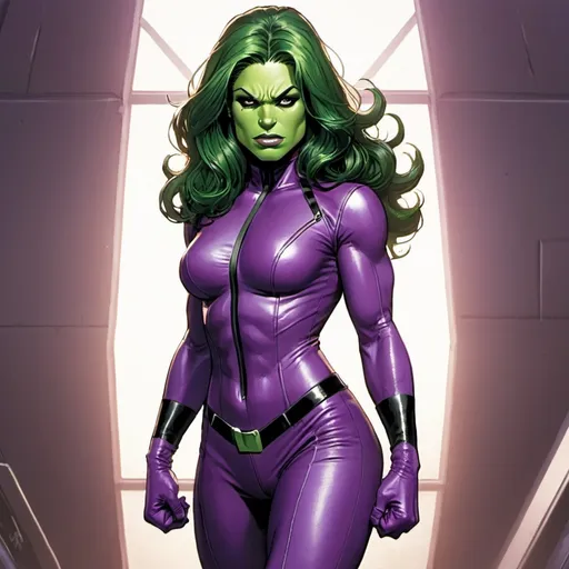 Prompt: She-hulk in purple leather cat suit