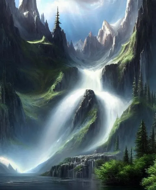 Prompt: a painting of a mountain range with a singular waterfall coming from the mountains leading into a narrow lake in the foreground lined with pine forests, gloomy, Game of Thrones, volumetric lighting, fantasy artwork, very beautiful scenery, very realistic painting effect, hd, hdr, cinematic 4k wallpaper, 8k, ultra detailed, high resolution, artstation, concept art