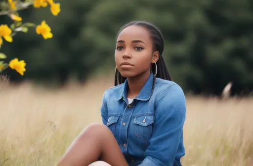 Prompt: A black girl sitting in a meadow with wind blowing through her hair.