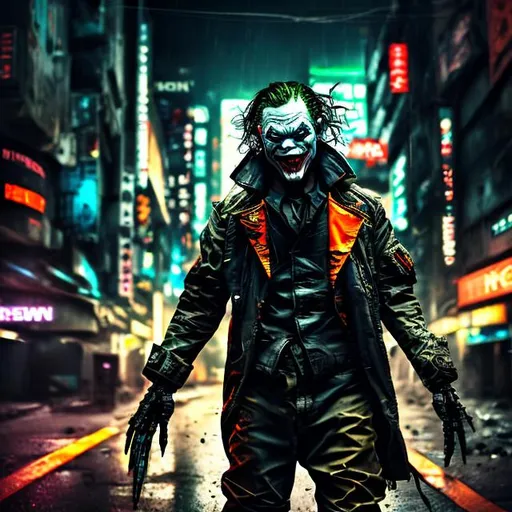 Prompt: Black, khaki and orange futuristic cyberpunk joker copycat. Slow exposure. Detailed. Dirty. Dark and gritty. Post-apocalyptic Neo Tokyo. Futuristic. Shadows. Sinister. Armed. Fanatic. Intense. Heavy rain. Explosion. Burning car in background
