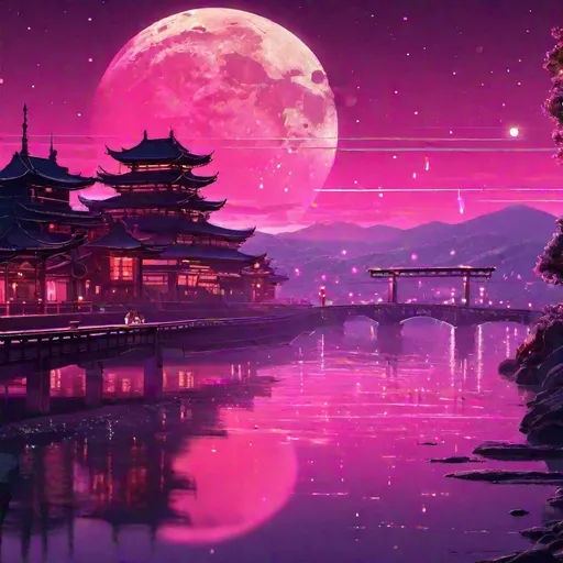 Prompt: cyberpunk, river with glowing water, gradient tori gate in the background, moon lit with planets in the sky, highly detailed, hd, 8k, Hayao Miyazaki, pink