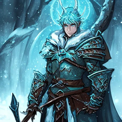 Prompt: Dungeons and dragons male winter eladrin with short dark brown hair Spartan leather armor, light blue skin with icy blue eyes.