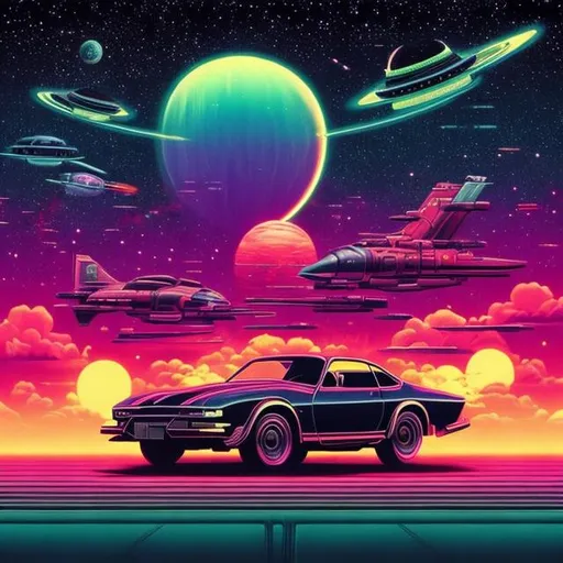 Prompt: retro car scene, imperial japan, retrowave, neon, synthwave, vaporwave, highly detailed, galaxy sky, cosmos
