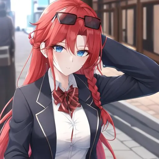 Prompt: Haley 1female (braided red hair pulled back, lively blue eyes. Wearing a sleek and stylish ensemble, with a tailored blazer, crisp button-up shirt, and fashionable trousers. UHD, close up, black stylish sunglasses on her head