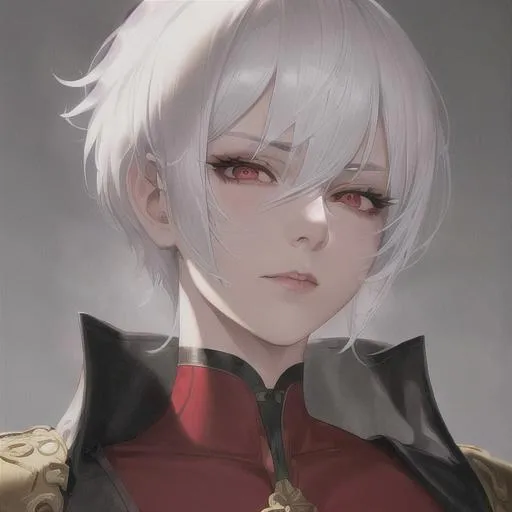 Prompt: "A close-up photo of a handsome girl with short pixie style hair, white hair, red eyes, wearing a kings robe, in hyperrealistic detail, with a slight hint of disgust in her eyes. His face is the center of attention, with a sense of allure and mystery that draws the viewer in, but her eyes are also slightly downcast, as if a sense of disgust is lingering in her thoughts. The detailing of his face is stunning, with every pore, freckle, and line rendered in vivid detail, but the image also captures the subtle emotions of disgust that might lie beneath her surface."