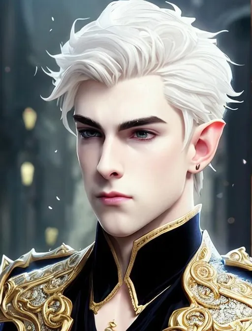 Prompt: A handsome elegant prince, sad expression, pale white skin, glossy lips, ornate jewelry on pointed elf ear tips, Asian eyes,  highly detailed full body ,just one head, short bright spiked white hair,  fully dressed, dark background with stars, epic composition, ultra wide-shot, dynamic pose, concept art, dramatic lighting, digital painting, smooth, character design, ((sharp focus))